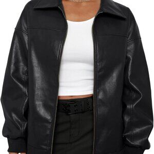 Womens Oversized Leather Jackets Zip Up Coats Faux Motorcycle Bomber Outfits Fal